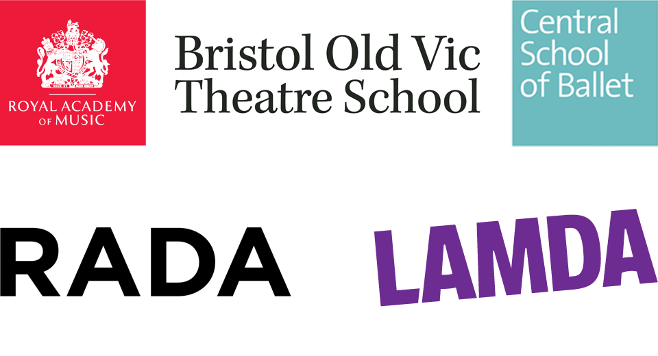 Logos for the Virtual Conservatoire partners: The Royal Academy of Music, Bristol Old Vic Theatre School, Central School of Ballet, RADA and LAMDA